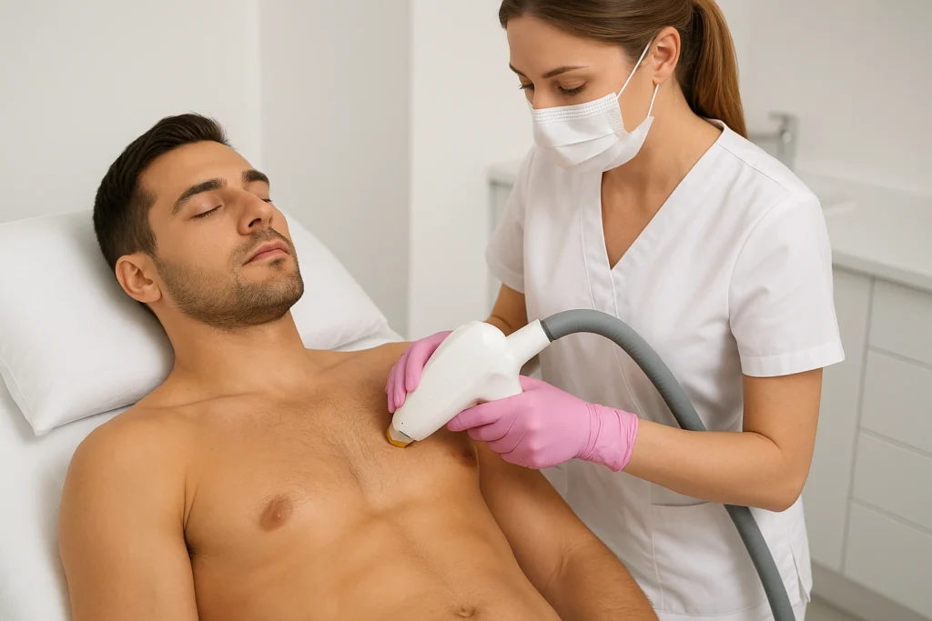 Male client undergoing laser hair removal on chest and back areas for smooth, clean skin