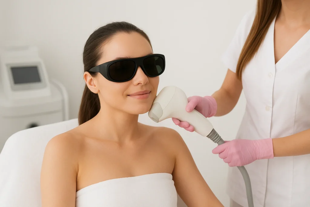 Woman receiving gentle facial laser hair removal treatment by professional beautician in clean salon environment