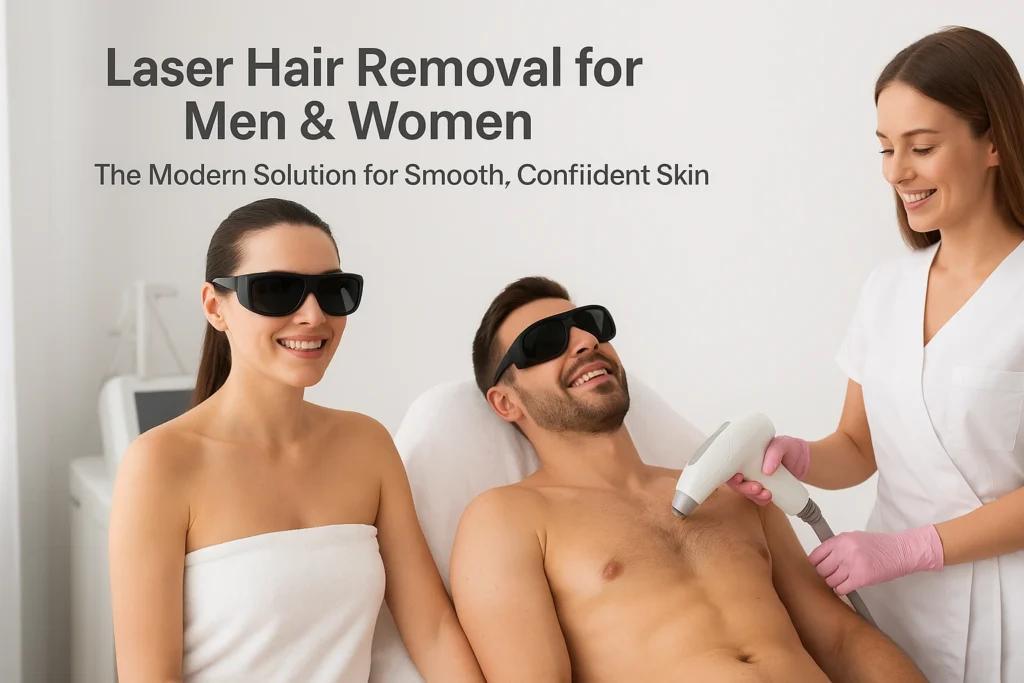Professional laser hair removal treatment for men and women in a modern beauty salon, creating smooth and glowing skin