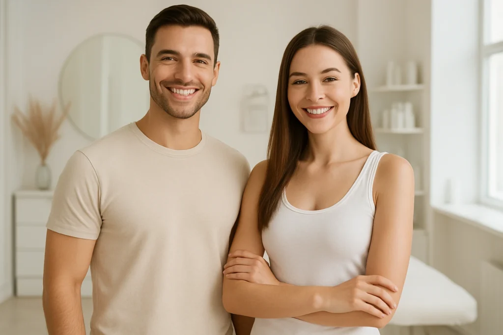 Happy client with smooth, radiant skin after laser hair removal session, feeling confident and refreshed